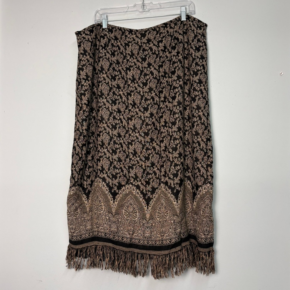 Dressbarn Woman Black Tan Paisley Fringe Hem Midi Skirt Size 20 Boho Lined Slit
